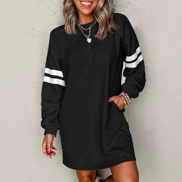 Autumn And Winter Striped Color-Blocked Dropped Shoulder Pullover Women's Casual Loose Versatile Crew Neck Dress_ecoleips.com