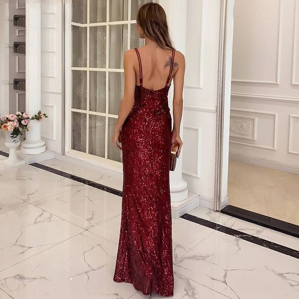 Women's Clothing New Sexy V Neck Sequined Strappy Dress Open Back High Split Long Skirt Party Dress_ecoleips.com