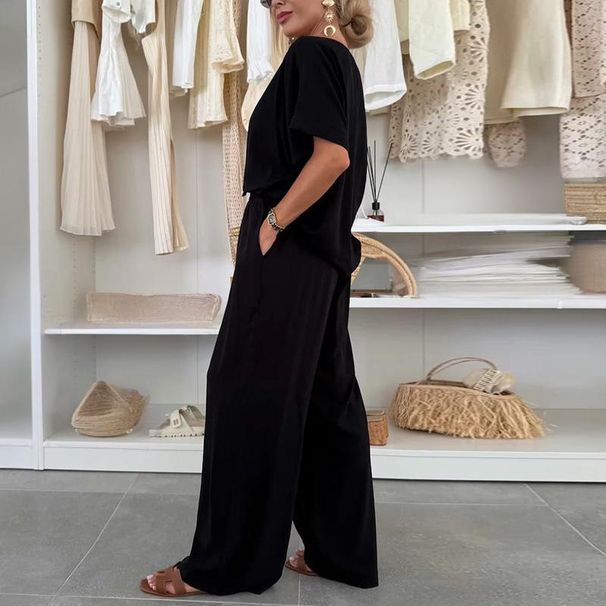 Women's Clothing Fashion Suit Solid Color Round Neck Short Sleeve Lace Up Pants 2 Piece Suit_ecoleips.com