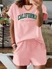 Summer New Letter Pattern T-shirt, Casual Printed Round Neck Short Sleeved Top With Elastic Waist Pocket, Women's Two-piece Set-286_ecoleips.com