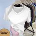 Women's Ribbed Shoulder Short Sleeved T Shirt V Neck Loose Fit Plus Size Summer New Fashion High End Top_ecoleips.com