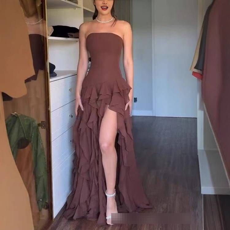 Summer Sexy Strapless Dress Style Ruffled Edges Side Slits Elegant Evening Gown For Women_ecoleips.com