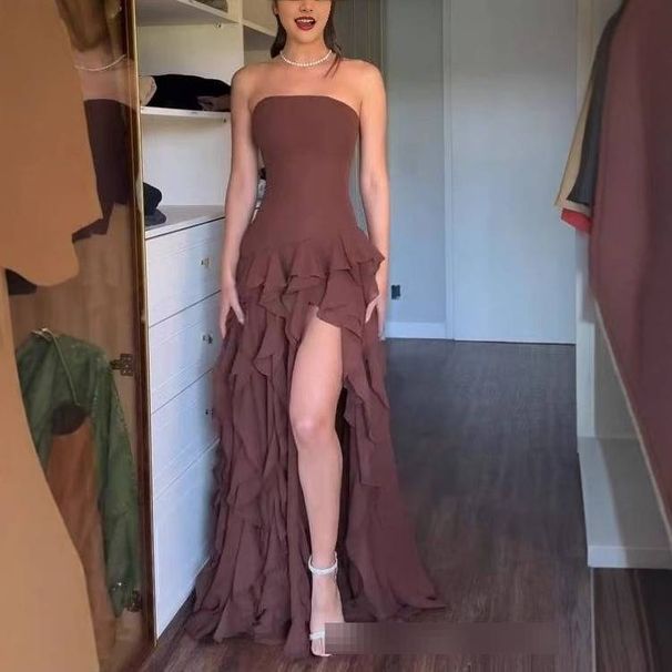 Summer Sexy Strapless Dress Style Ruffled Edges Side Slits Elegant Evening Gown For Women_ecoleips.com