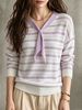 Lavender Stripe Eyelet Rib Knit Top, Loose Lightweight Breathable Tie V Neck Jumper, Soft Skin-touch Hollow Long Sleeve Pullover_ecoleips.com