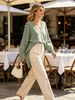 Sage Green V Neck Pit Rib Knit Tunic, Oversized Loose Lightweight Breathable Soft Skin-touch Pocket Long Sweater_ecoleips.com