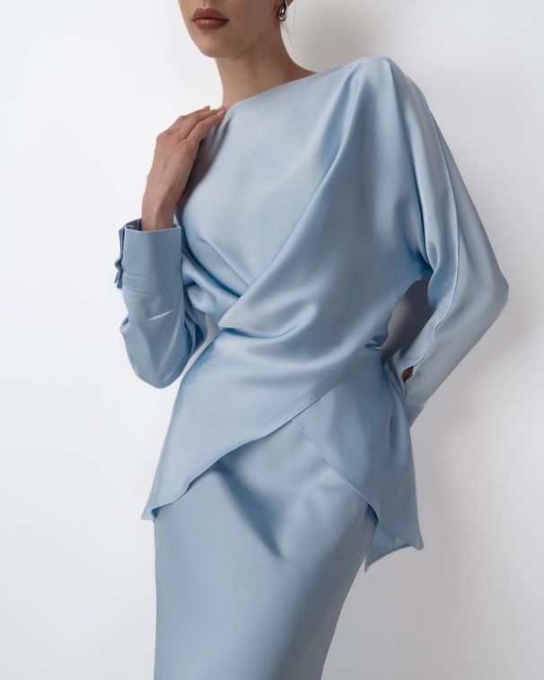 Women's New Elegant Temperament Satin Long-sleeved Tie Top Slim Skirt Two-piece Suit_ecoleips.com
