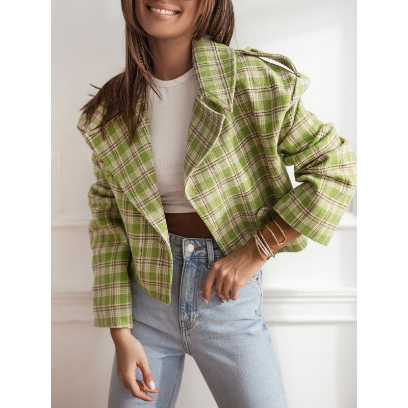 Women's Clothing New 2024 Fashion Suit Collar Plaid Printed Wool Coat_ecoleips.com