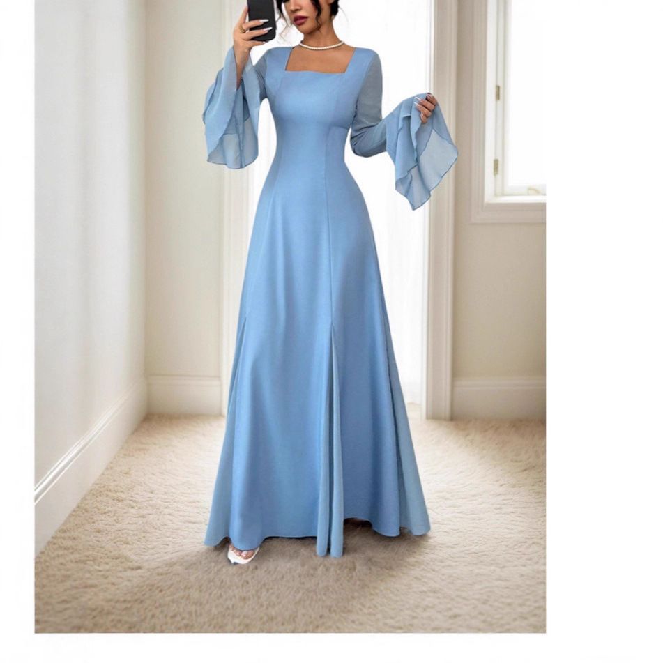 Elegant Ruffled Maxi Dress – Flowy One-Shoulder Gown With Cascading Sleeves For Women_ecoleips.com