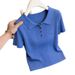 Blue Collared Knit Top For Women – Slim Fit Short Sleeve Shirt, Chic & Youthful Casual Wear_ecoleips.com