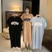 Korean Version Loose Casual Short Sleeved Dress Cute Letter Print Women's Round Neck Mid Length Skirt_ecoleips.com