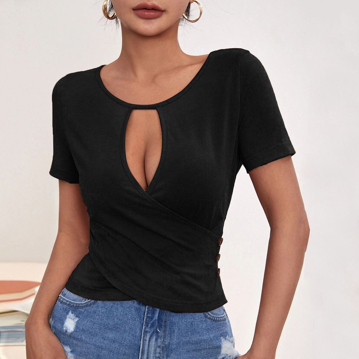 Voya Women's 2026 Sexy Hollow Button Slim Casual Short Style Temperament Short Sleeved T-shirt Top_ecoleips.com