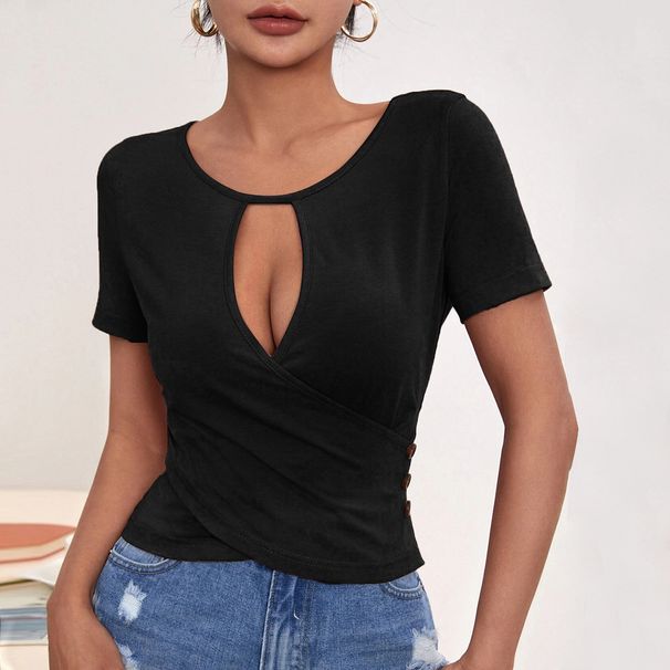 Voya Women's 2026 Sexy Hollow Button Slim Casual Short Style Temperament Short Sleeved T-shirt Top_ecoleips.com