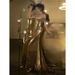 Women's Clothing Gold Evening Dress For Women High Grade Sequined Host One Shoulder Tube Top Toast Dress Bride Fishtail Skirt_ecoleips.com