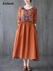 Cotton Linen Long Sleeve Floral Print Vintage Dresses For Women 2025 Spring Autumn Casual Loose Dress Femme Robe Elegant Clothes_ecoleips.com