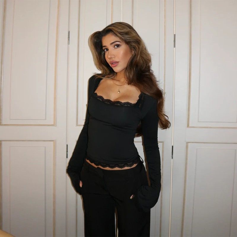 Women's Clothing Elegant Long Sleeve Lace Trim Blouse - Versatile Figure-Hugging T-Shirt For Women, Chic U-Neck Top With Feminine Details_ecoleips.com