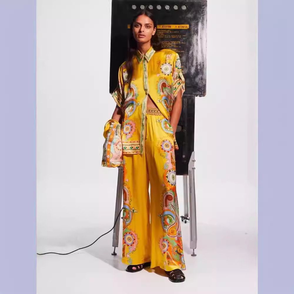 Women's Clothing Fashion Satin Print Flower Short Sleeved Holiday Leisure Tie Suit_ecoleips.com