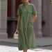 2026 Summer Short-Sleeved, Pocket-Placed Casual, Loose-Fitting, Solid Color Cotton-Linen Dress For Women_ecoleips.com
