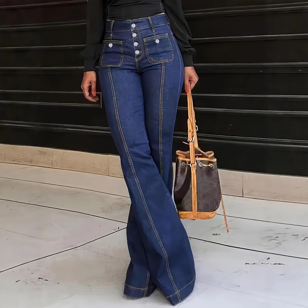 Women's Button down Elastic Flared Jeans European American Style Casual Cotton Denim Jeans for Spring/Autumn Summer_ecoleips.com