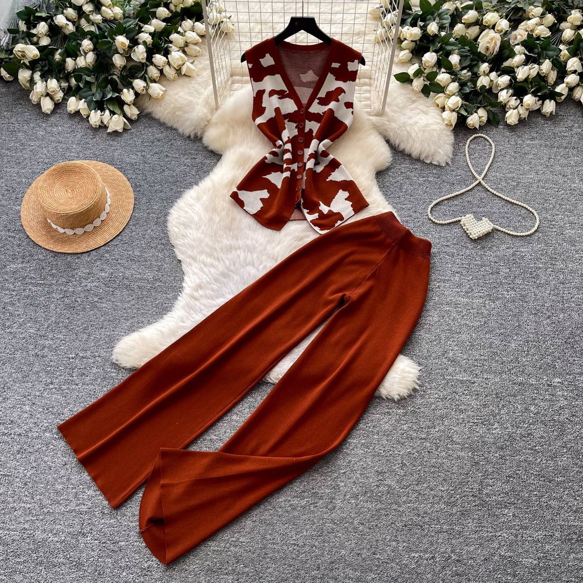 Women's Clothing Style Women's Two Piece Set V Neck Vest And Wide Leg Pants Slim Fit Elegant Look Commuter Style Summer Fashion_ecoleips.com