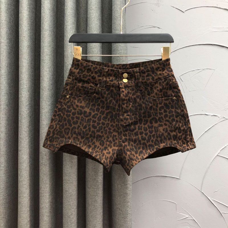 Women's Clothing Personalized Leopard Print Brown Denim Shorts Fashion Style Age Reducing Hot Girl Style Elastic A Line Hip Hot Pants_ecoleips.com