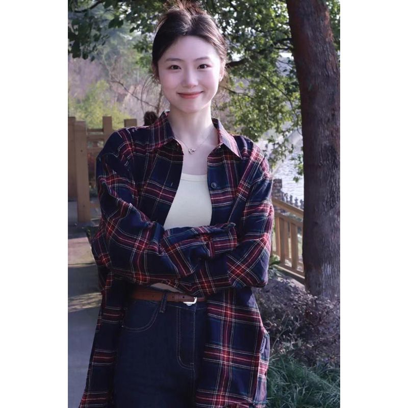 American Retro Checkered Shirt For Women, Lightweight And Loose-Fitting, Long-Sleeved Top With A Casual Style, Suitable_ecoleips.com