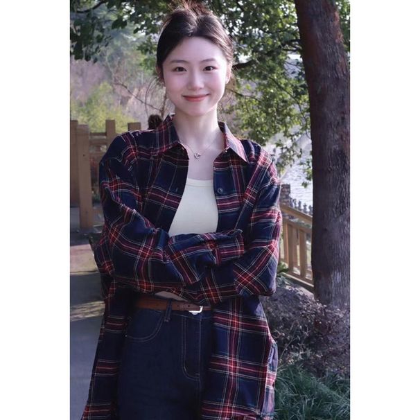 American Retro Checkered Shirt For Women, Lightweight And Loose-Fitting, Long-Sleeved Top With A Casual Style, Suitable_ecoleips.com