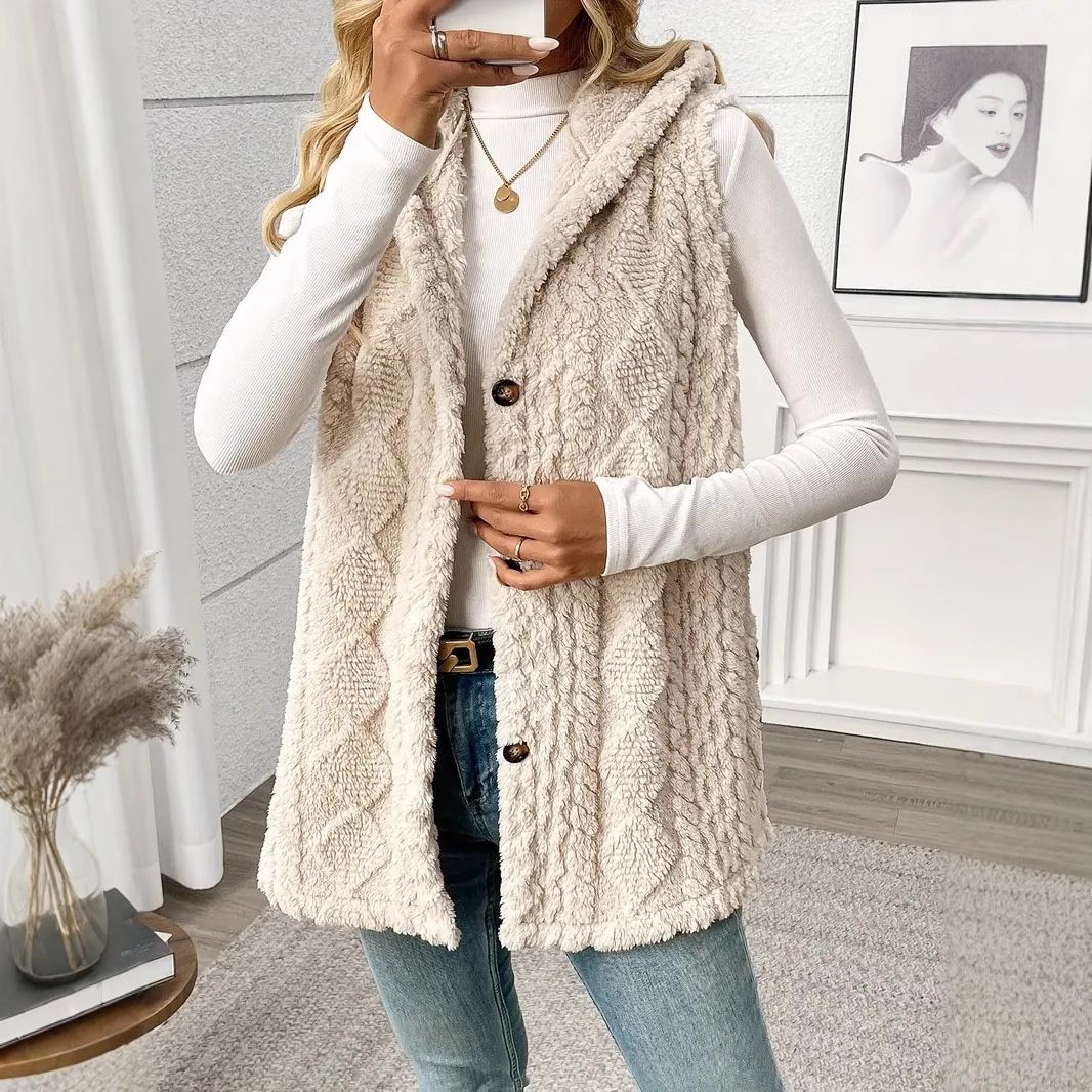 Aria Basics European American Cross-border Best-selling Solid Color Double-sided Plush Hooded Button-up Cardigan Casual Women's_ecoleips.com