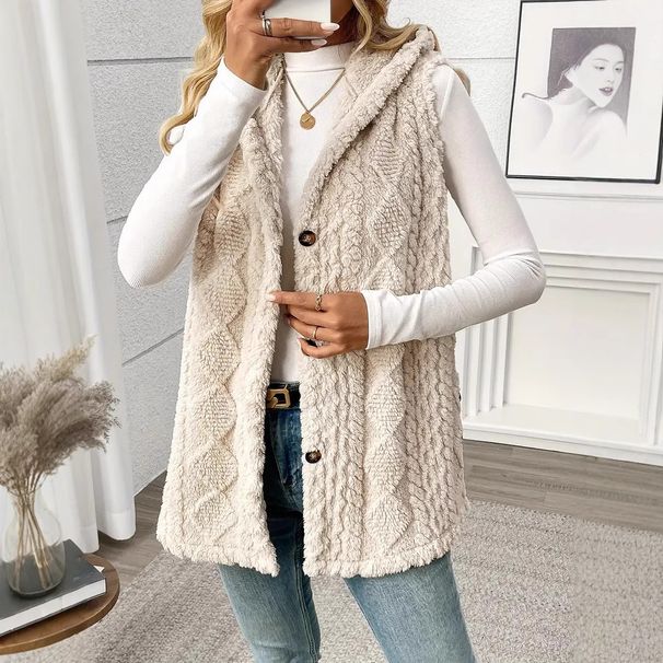 Aria Basics European American Cross-border Best-selling Solid Color Double-sided Plush Hooded Button-up Cardigan Casual Women's_ecoleips.com