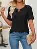 Verve 2025 Summer Women's Elegant Hollow Out Lace Trim Solid Color Buttonless Short Sleeve T-Shirt_ecoleips.com