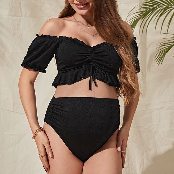 2023 Summer Maternity Bikini Sexy Ruffled Short Sleeve High Waisted Two Piece Swimsuit European American Style Polyester Vacation Wear_ecoleips.com
