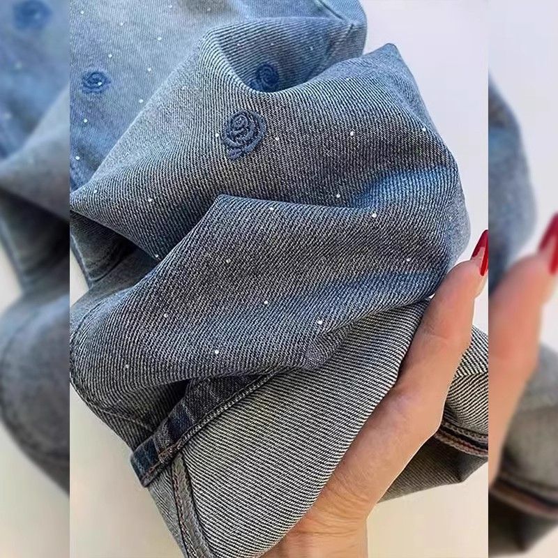 Vintage Embroidered Rhinestone Rose Jeans High Waisted Flared Wide Leg Pants, Comfortable Cotton Denim With Stretch Casual Style For Pear Shape_ecoleips.com