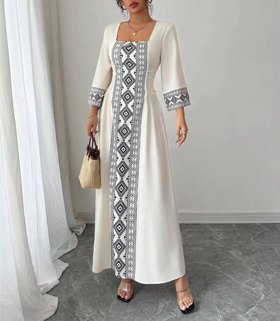 Maxi Dress Spring Summer Women White Square Neck 3/4 Sleeve Ethnic Embroidery Lace Up Elegant Party Dress_ecoleips.com