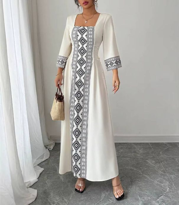 Maxi Dress Spring Summer Women White Square Neck 3/4 Sleeve Ethnic Embroidery Lace Up Elegant Party Dress_ecoleips.com
