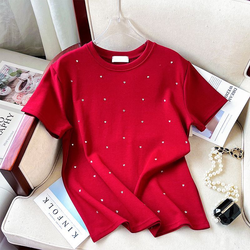 Women's Red Heart Rhinestone Cotton T-Shirt Casual Summer Top Crewneck Tee Fashion Zodiac Year Design_ecoleips.com