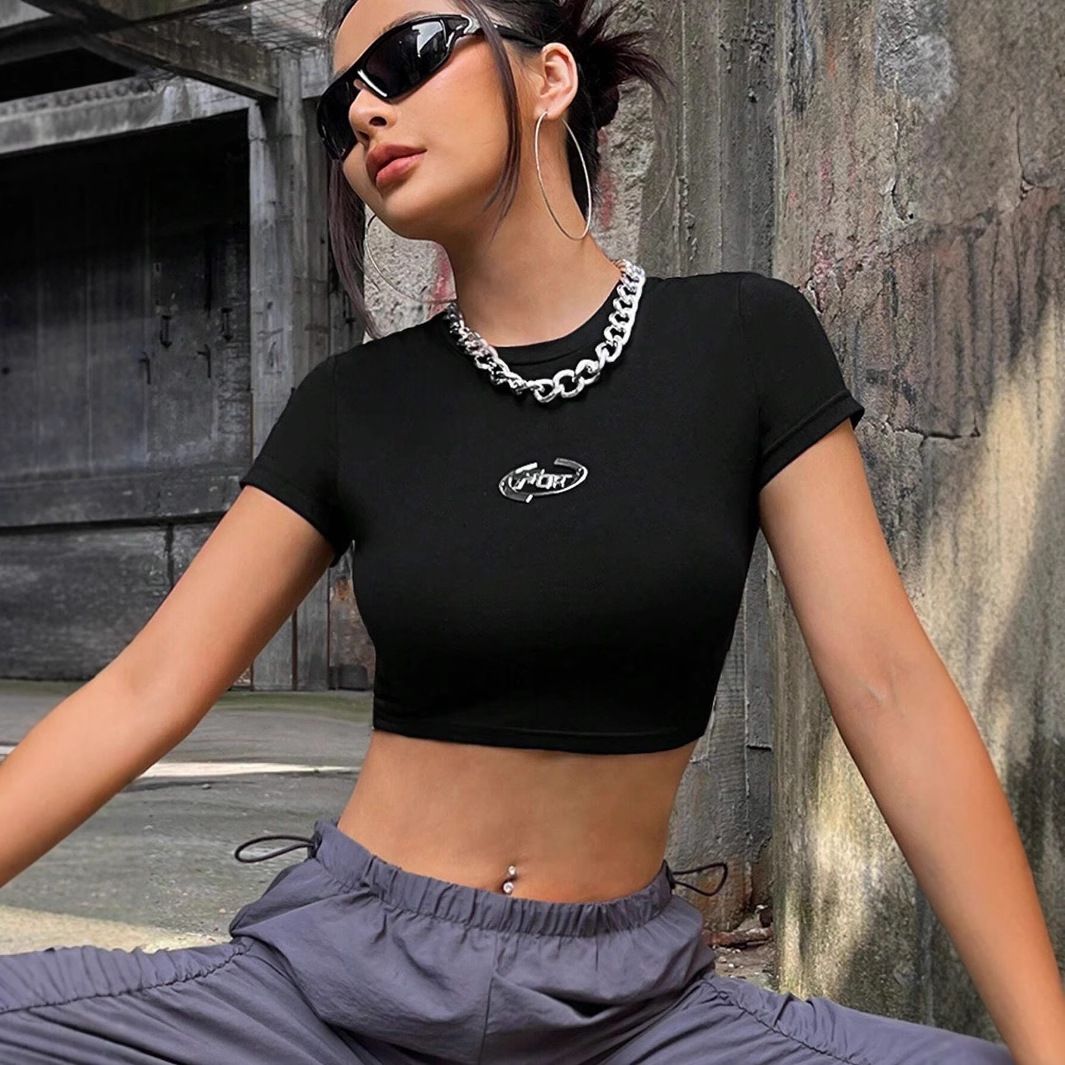 Women's Slim Fit Cropped T-Shirt Y2K Street Style Print Sexy Black Beauty Short Sleeve Casual Elegant Fashion Top for Summer_ecoleips.com