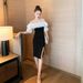 Black off the Shoulder Ruffle Dress Women's Fitted Bodice Lantern Sleeves Banquet Birthday Summer Party Wear Regular Size_ecoleips.com