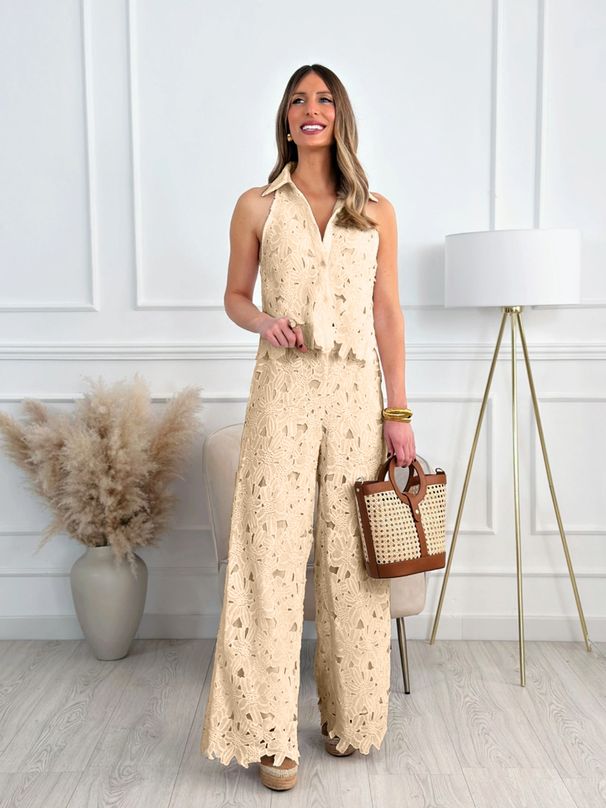 Women's Clothing Hollow V-neck Vest Top Wide Leg Straight Pants Suit_ecoleips.com
