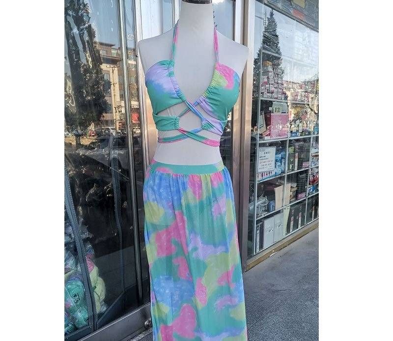 Floral Pattern Three Piece Bikini Set for Women Halter Neck Swimwear with Mesh Maxi Skirt Hollow out Tie Strap Design_ecoleips.com
