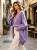 Lilac V Neck Pit Rib Knit Tunic, Oversized Loose Lightweight Breathable Soft Skin-touch Pocket Long Sweater_ecoleips.com