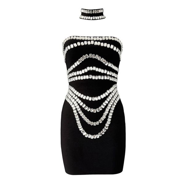 Women's Clothing Rhinestone Bandage Skirt Banquet Party Tube Top Skirt With Collar_ecoleips.com