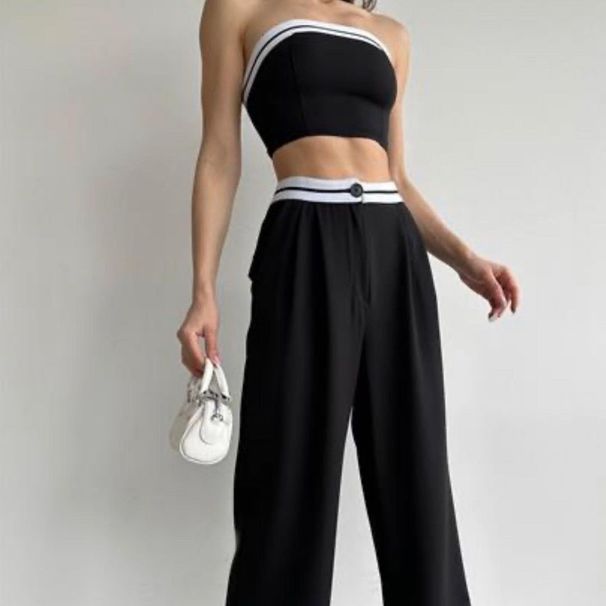 European American Style Ins Autumn New Hot Girl Casual Strapless Color-blocking Sports Vest And High-waisted Wide-leg_ecoleips.com