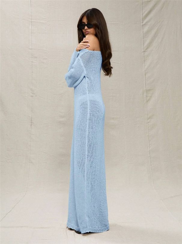 Women's Clothing Temperament Round Neck Off Shoulder Hollow Knitted Long Skirt Hip Dress_ecoleips.com