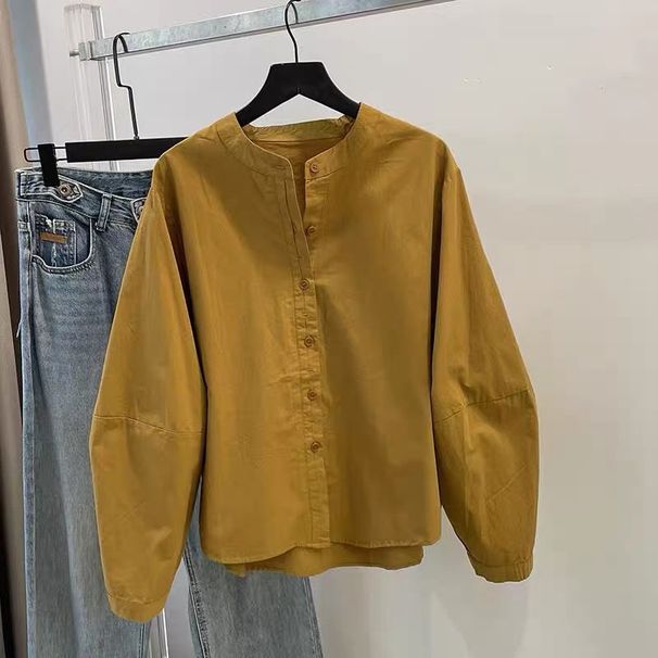 Pure Cotton Hong Kong Style Double Placket Small Stand-up Collar Long-sleeve Top, 2025 Autumn New Model, Loose-fitting_ecoleips.com