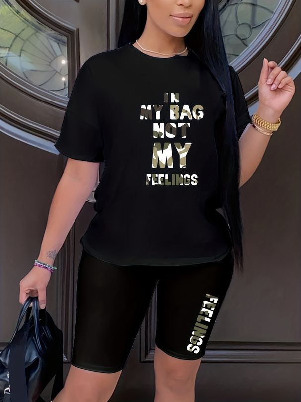 Summer Women's Casual Fashion Letter Print Loose T-shirt+shorts Two-piece Sportswear Suitable For Daily Wear-54_ecoleips.com