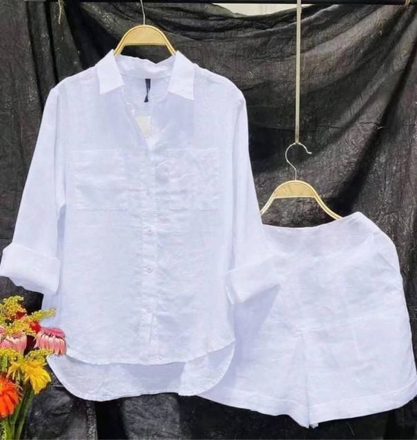 Women's Large Size Cotton Linen Shirt Casual Loose Temperament Leisure Style Solid Color Spring Autumn Fashion Age-Reducing Shorts Set_ecoleips.com