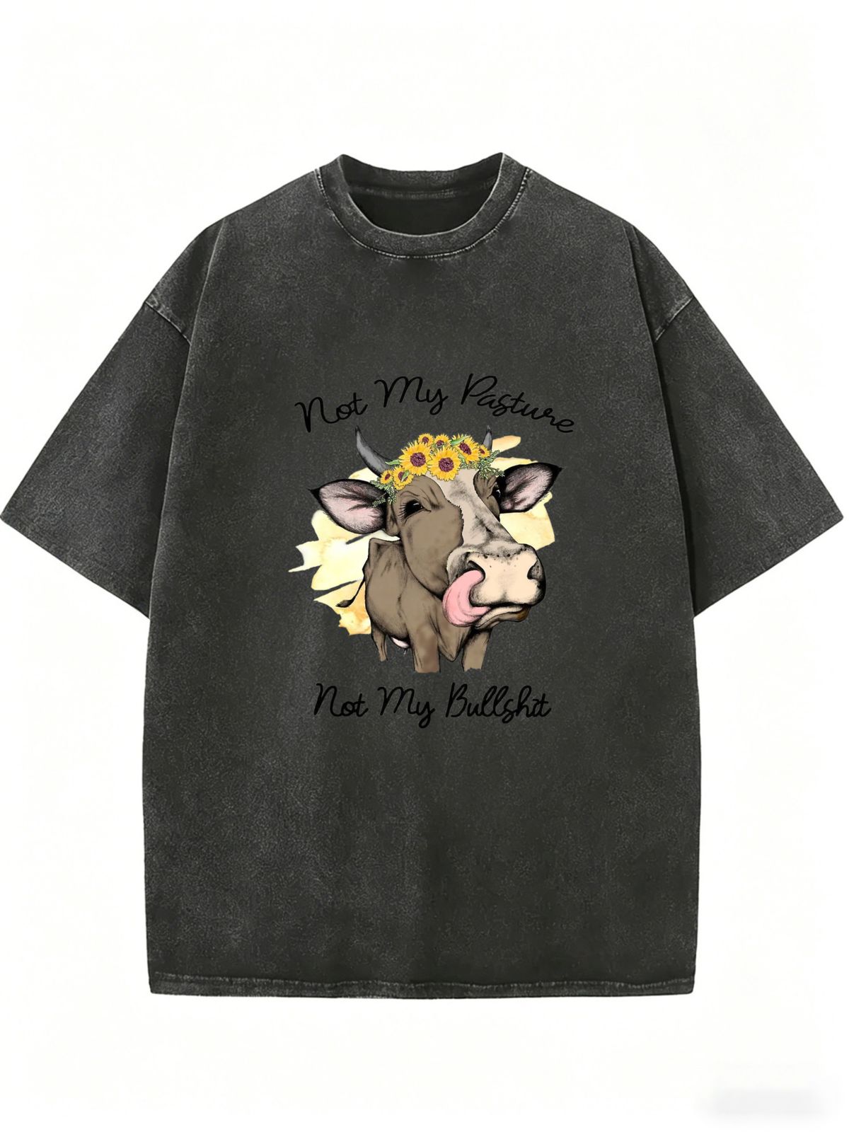 Not My Pasture Cow Sunflower Graphic Acid Wash Washed Oversized T Shirt Women Crew Neck Short Sleeve Loose Vintage Country Casual Tee_ecoleips.com