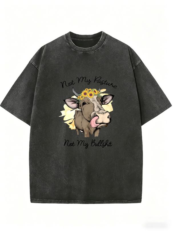 Not My Pasture Cow Sunflower Graphic Acid Wash Washed Oversized T Shirt Women Crew Neck Short Sleeve Loose Vintage Country Casual Tee_ecoleips.com