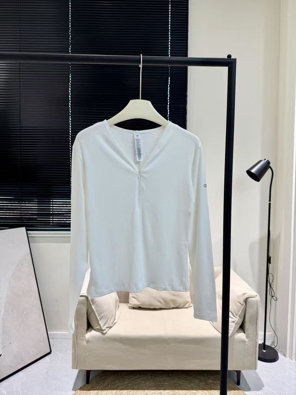al0 Ribbed V-neck Zipper Bottoming Shirt Casual Sports Fitness Yoga Versatile Slim Long-sleeved Top_ecoleips.com