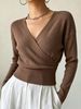 Coffee Brown Deep V Wrap Pit Rib Knit Sweater, Loose Lightweight Breathable Soft Skin-touch Long Sleeve Slim Waist Pullover_ecoleips.com