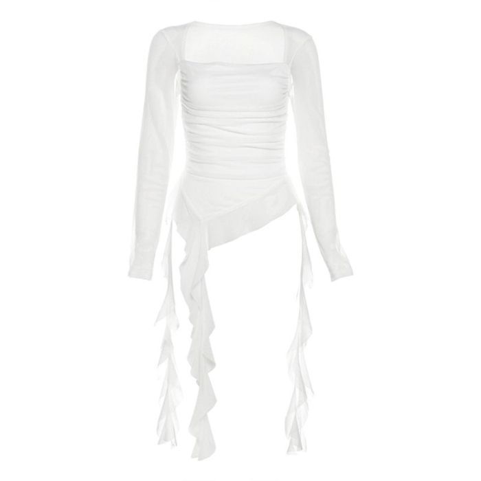 Irregular Ruffled Ribbon Off-Shoulder Slim Fit T-Shirt Sexy Unique Design Early Autumn Top For Women_ecoleips.com